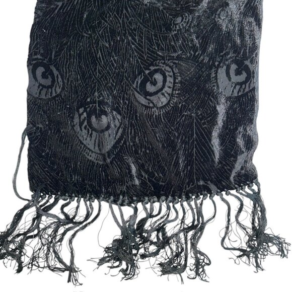 Black devore burn out VELVET fringe trim PEACCOK FEATHERS print scarf sh… - Picture 1 of 5